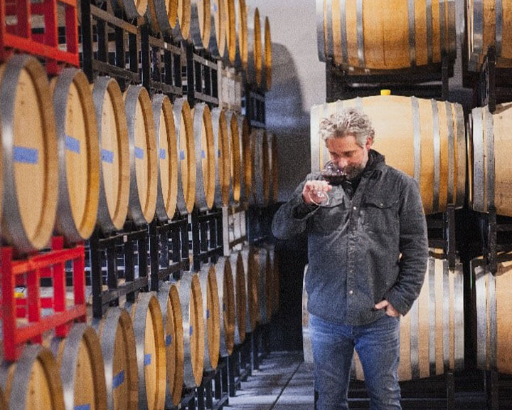 chris gorman sniffing wine amongst wine barrels